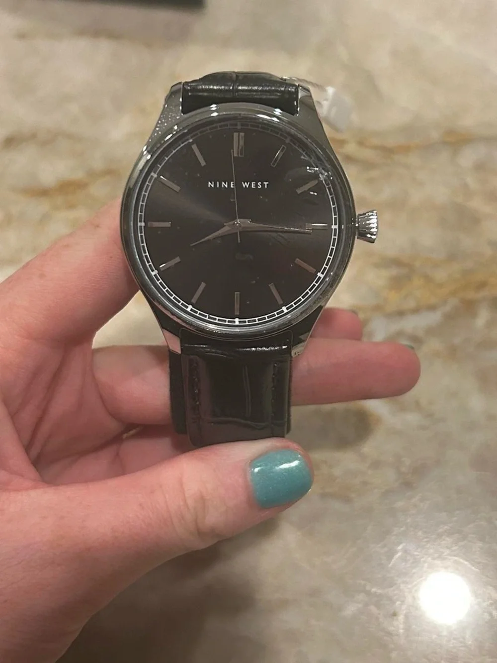 Nine West Men's Black Leather Strap Watch - Black Dial